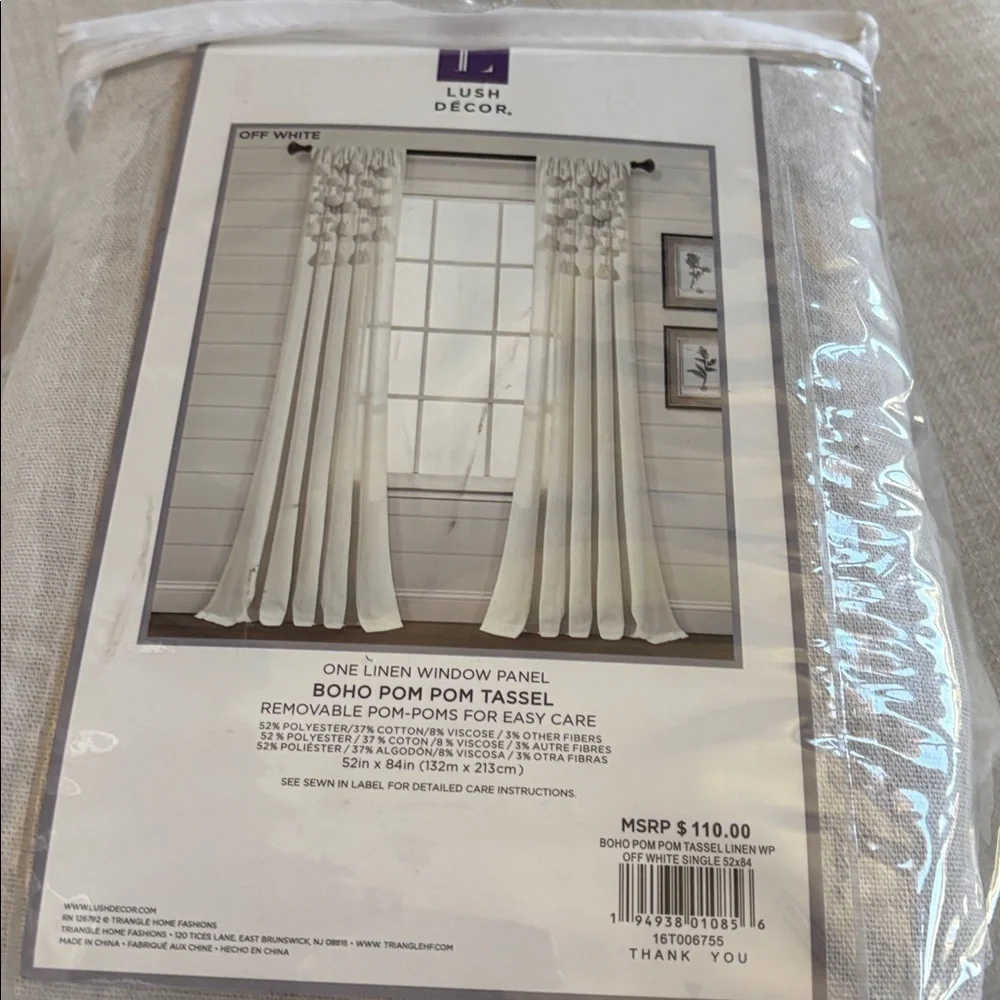 Lush Decor Boho Pom Pom Tassel Linen Textured Window Curtain Panel, Single panel